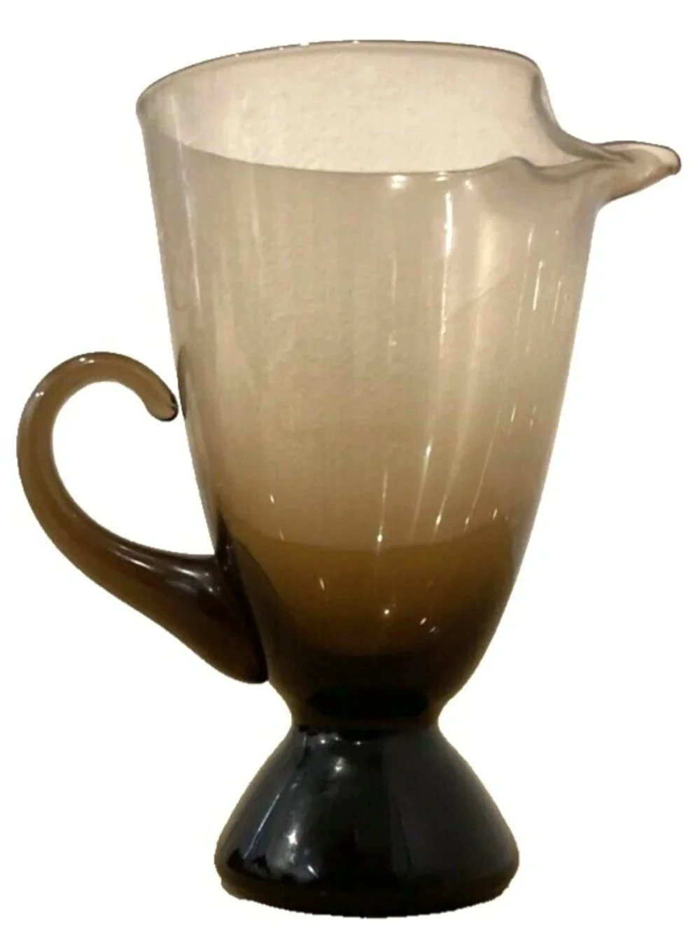 Vintage Mid Century Modern Smoke Gray Art Glass Pitcher Pinched Spout 9