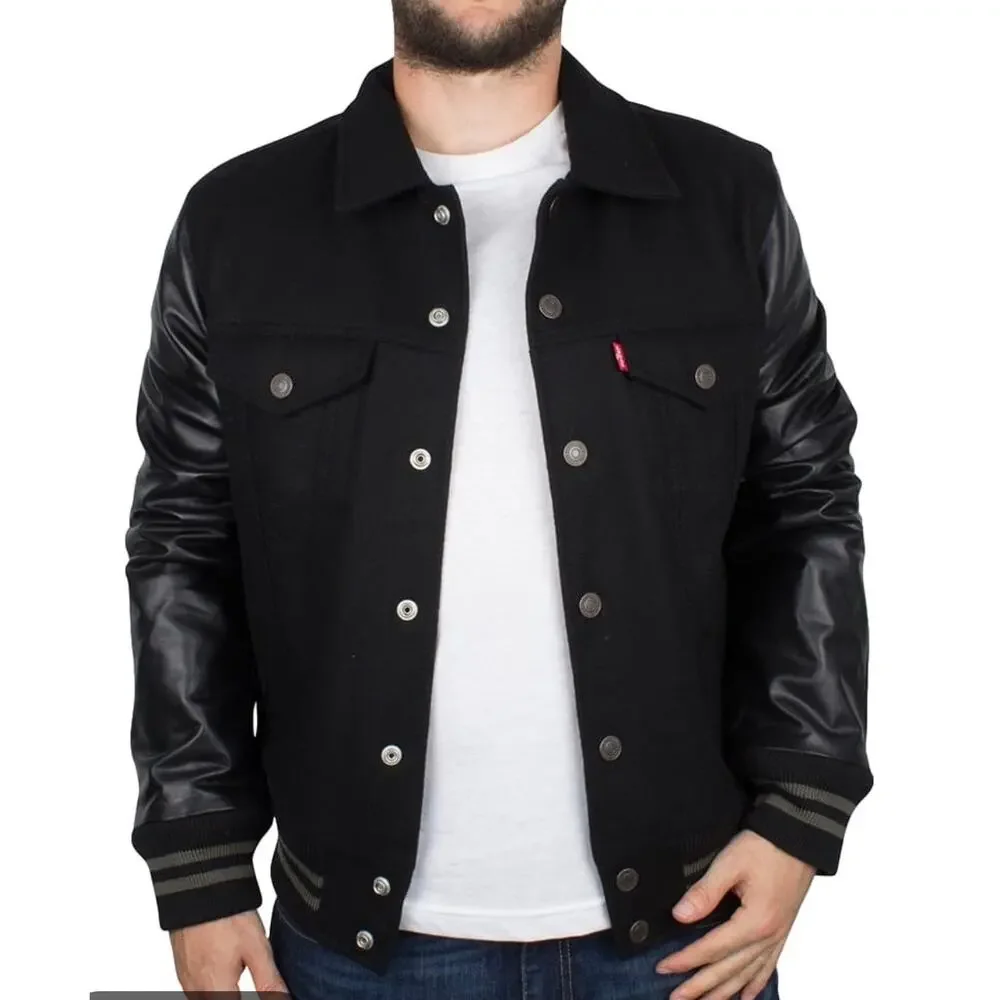 Levi’s x Thermore Men’s Black Wool Leather Sleeve Varsity Trucker Jacket XL