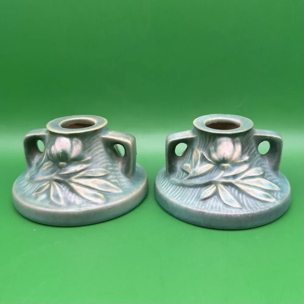 Vintage Roseville Pottery Cosmos Candlestick Holders Blue Green 1151-2 Pair 1940