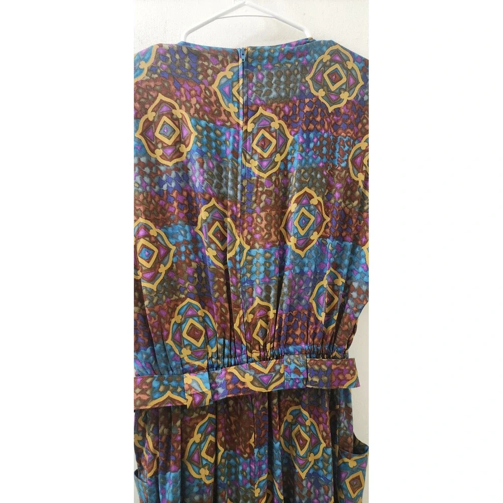 Worthington Essentials Vintage Midi Dress Geometric Print Belted Rayon Size 6