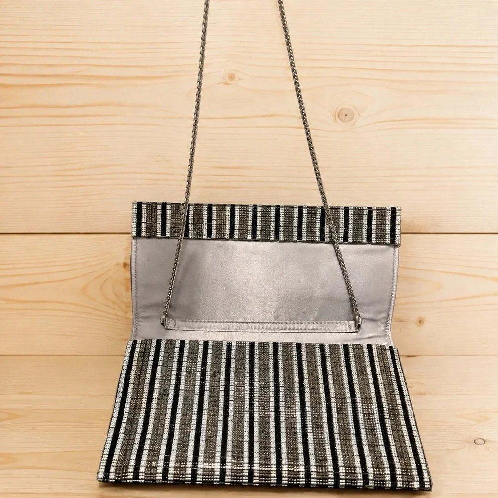 Sondra Roberts Silver Black Rhinestone Stripe Clutch Chain Evening Bag[C]
