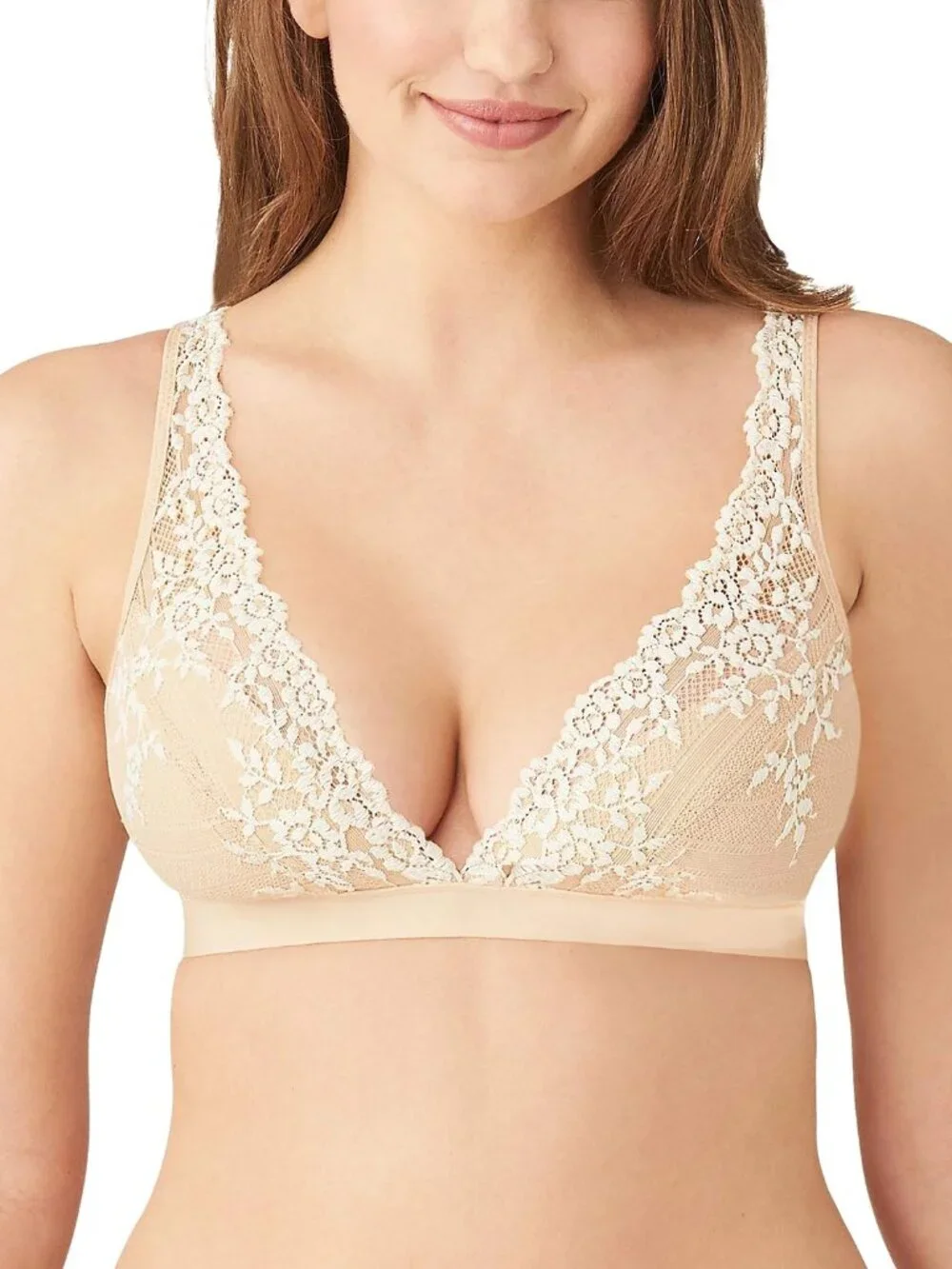 Wacoal Embrace Soft Lace Wireless Bra Beige Size 36 US Delicate Floral Lace Desi