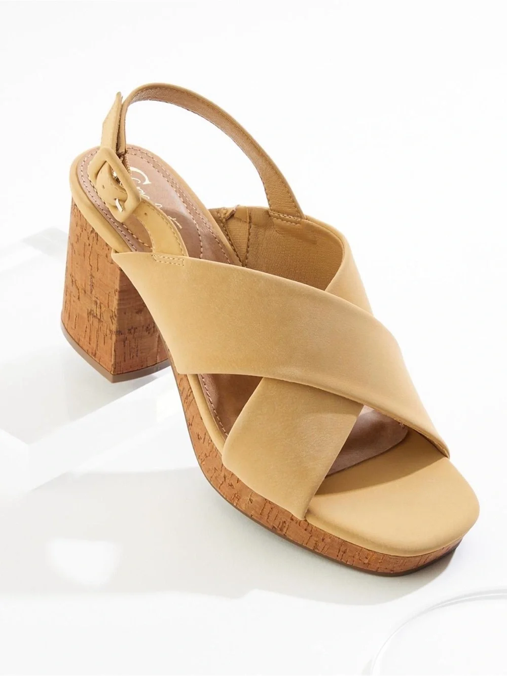 Cross‑Strap Cork Block Heel faux leather Sandal in Tan 3.5 inch heel