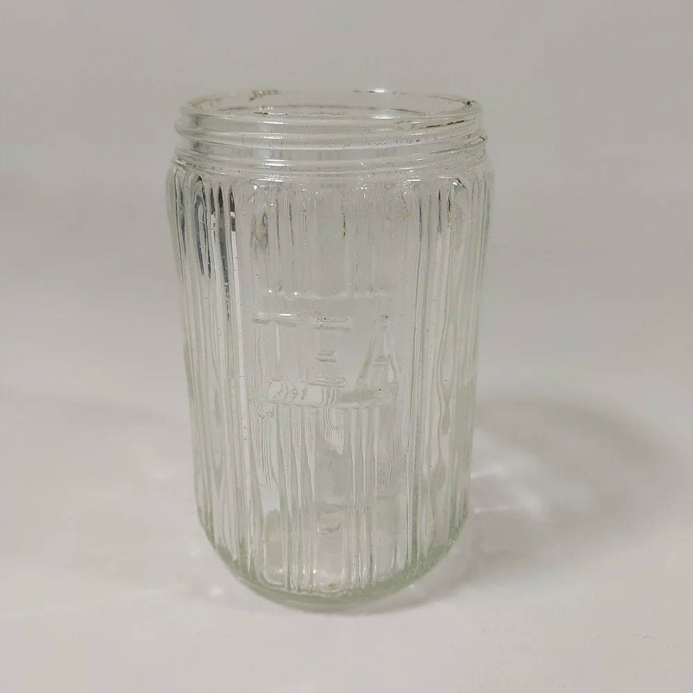 Antique HOOSIER STYLE CABINET Clear‎ Glass Tea Jar Canister Ribbed Lid 5