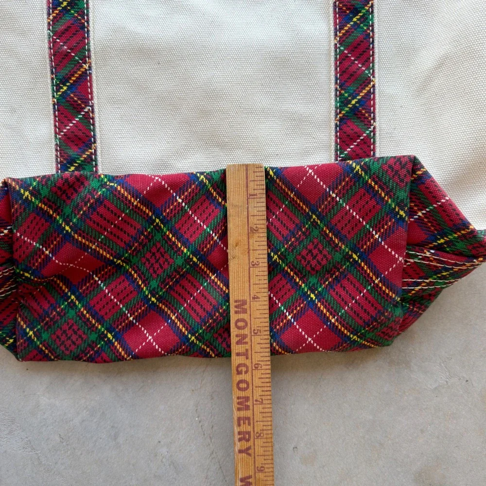 Lands End Canvas Tote Bag Cream Red Plaid Tartan Holiday Medium Open Top