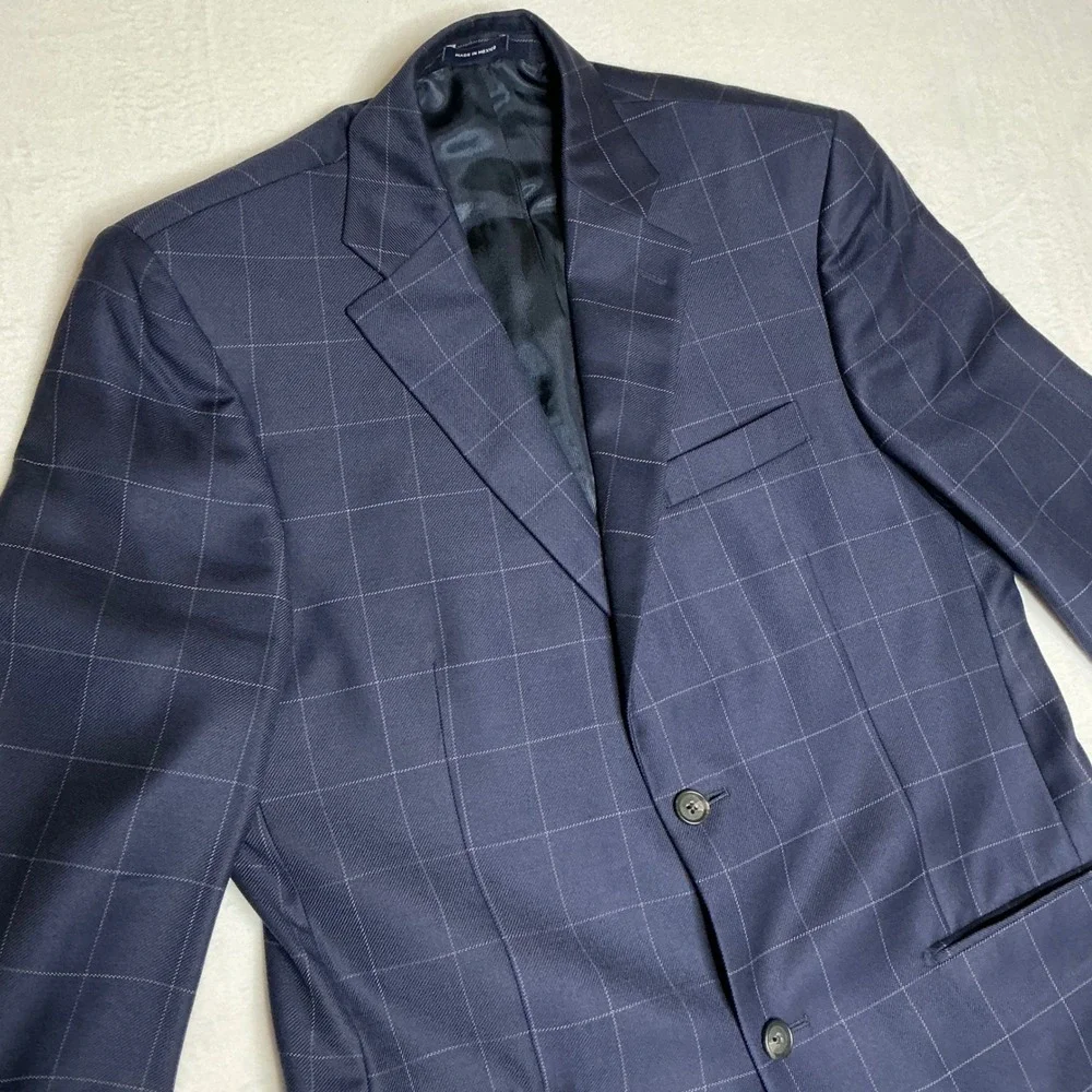 Paul Frederick‎ Mens Navy Windowpane Wool Blazer Sport Coat Size 38R
