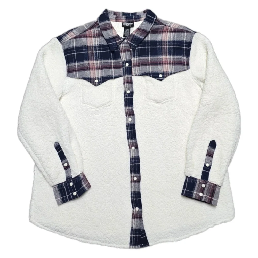 Wrangler Retro Western Plaid Sherpa‎ Shacket Jacket Womens XL White Pearl Snap