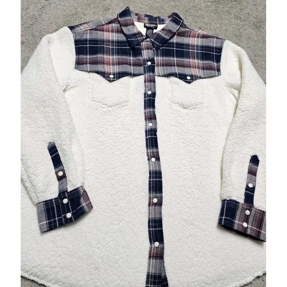Wrangler Retro Western Plaid Sherpa‎ Shacket Jacket Womens XL White Pearl Snap
