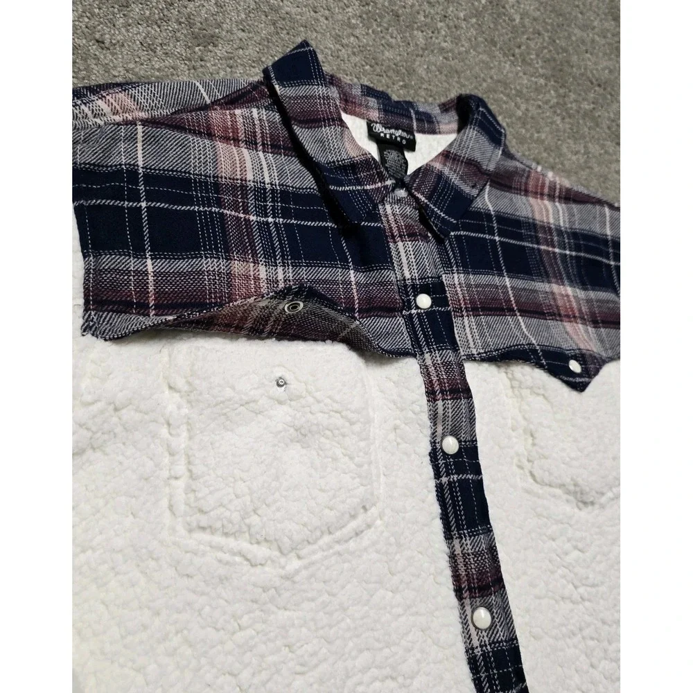 Wrangler Retro Western Plaid Sherpa‎ Shacket Jacket Womens XL White Pearl Snap