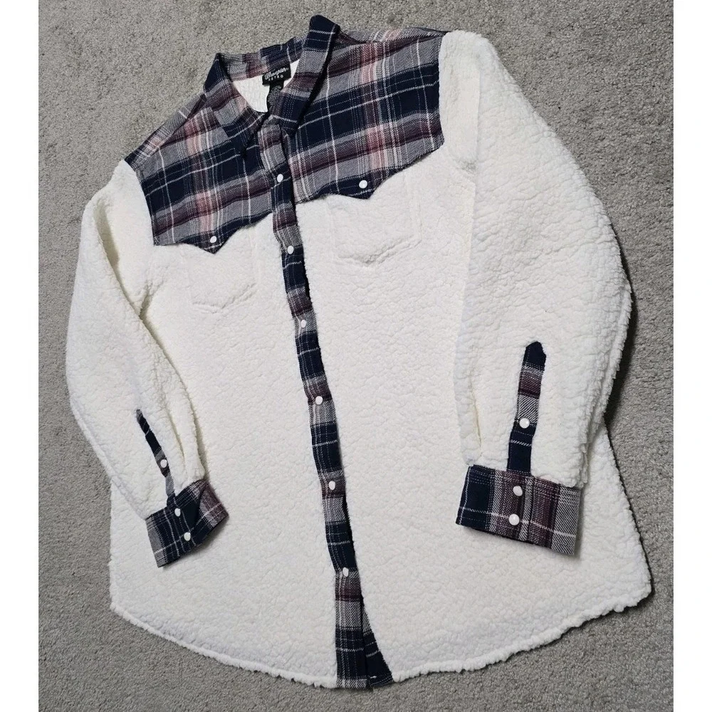 Wrangler Retro Western Plaid Sherpa‎ Shacket Jacket Womens XL White Pearl Snap
