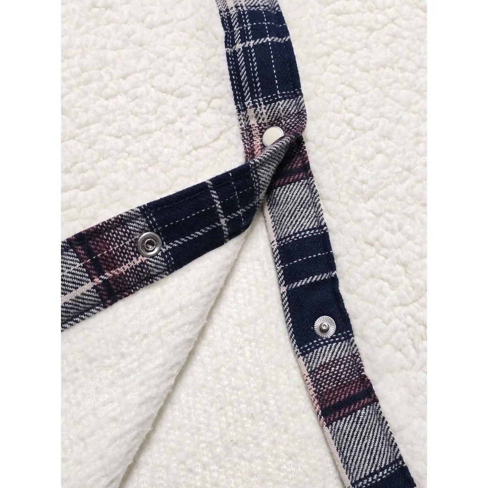 Wrangler Retro Western Plaid Sherpa‎ Shacket Jacket Womens XL White Pearl Snap