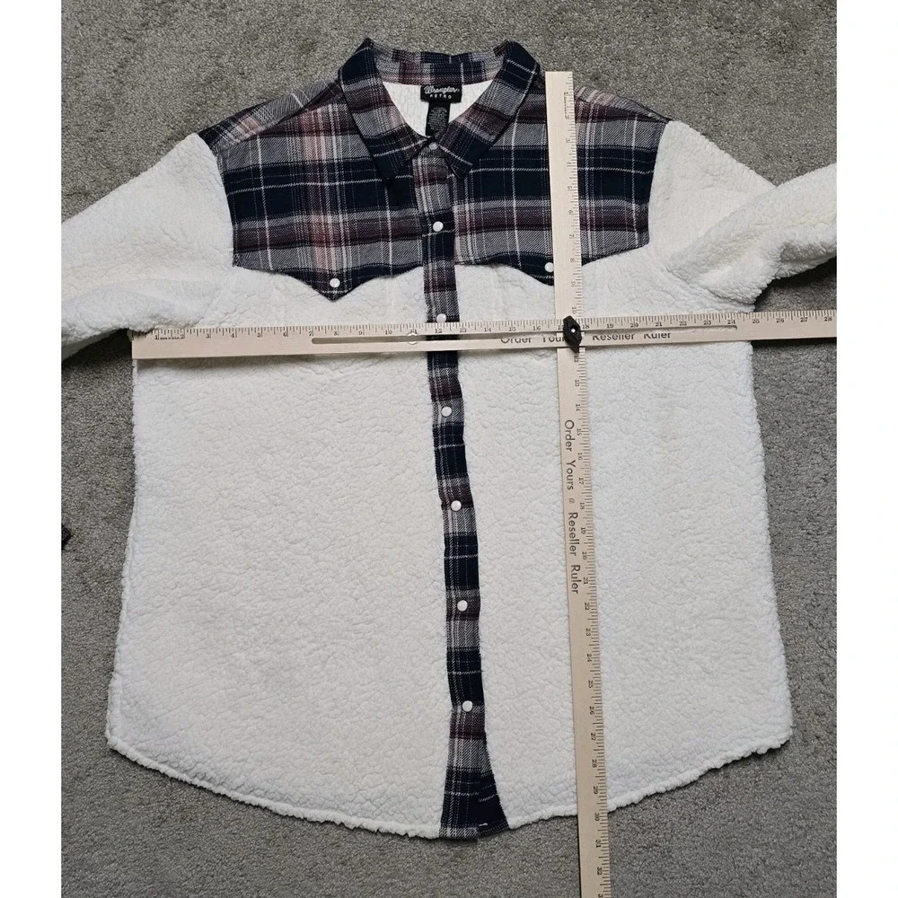 Wrangler Retro Western Plaid Sherpa‎ Shacket Jacket Womens XL White Pearl Snap