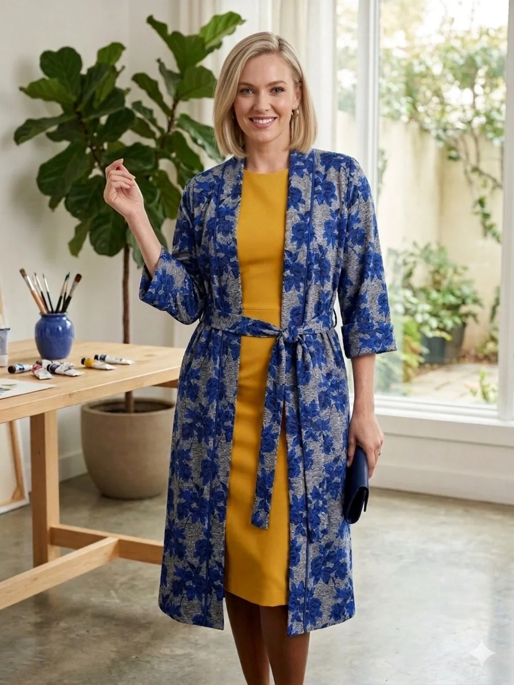 Gabrielle Union Collection Blue Floral Jacquard Duster‎ Cardigan size S