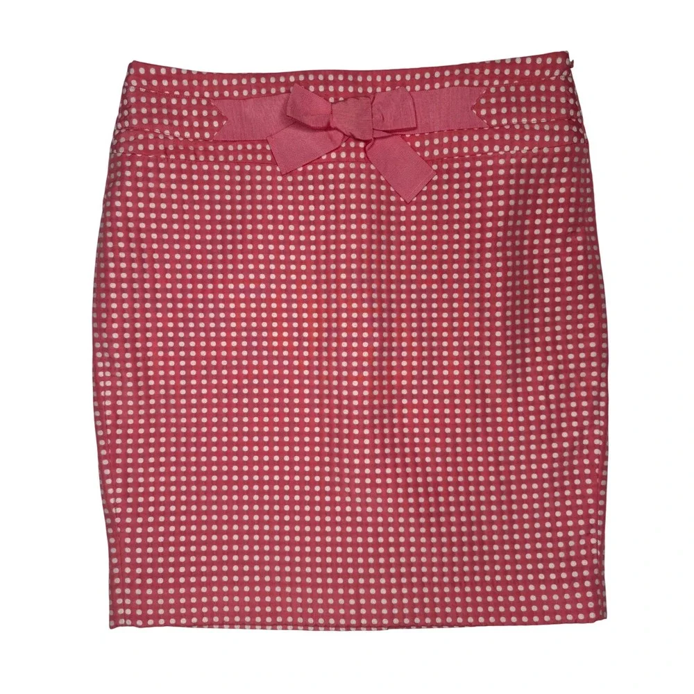 Ann Taylor LOFT Pink White Polka Dot Pencil Skirt Bow Detail Size 10 Office Wear