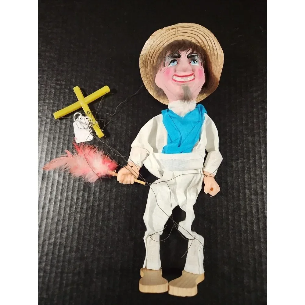 Vintage Marionette Mexican String Puppet Man‎ with Sombrero (Tangled Strings)