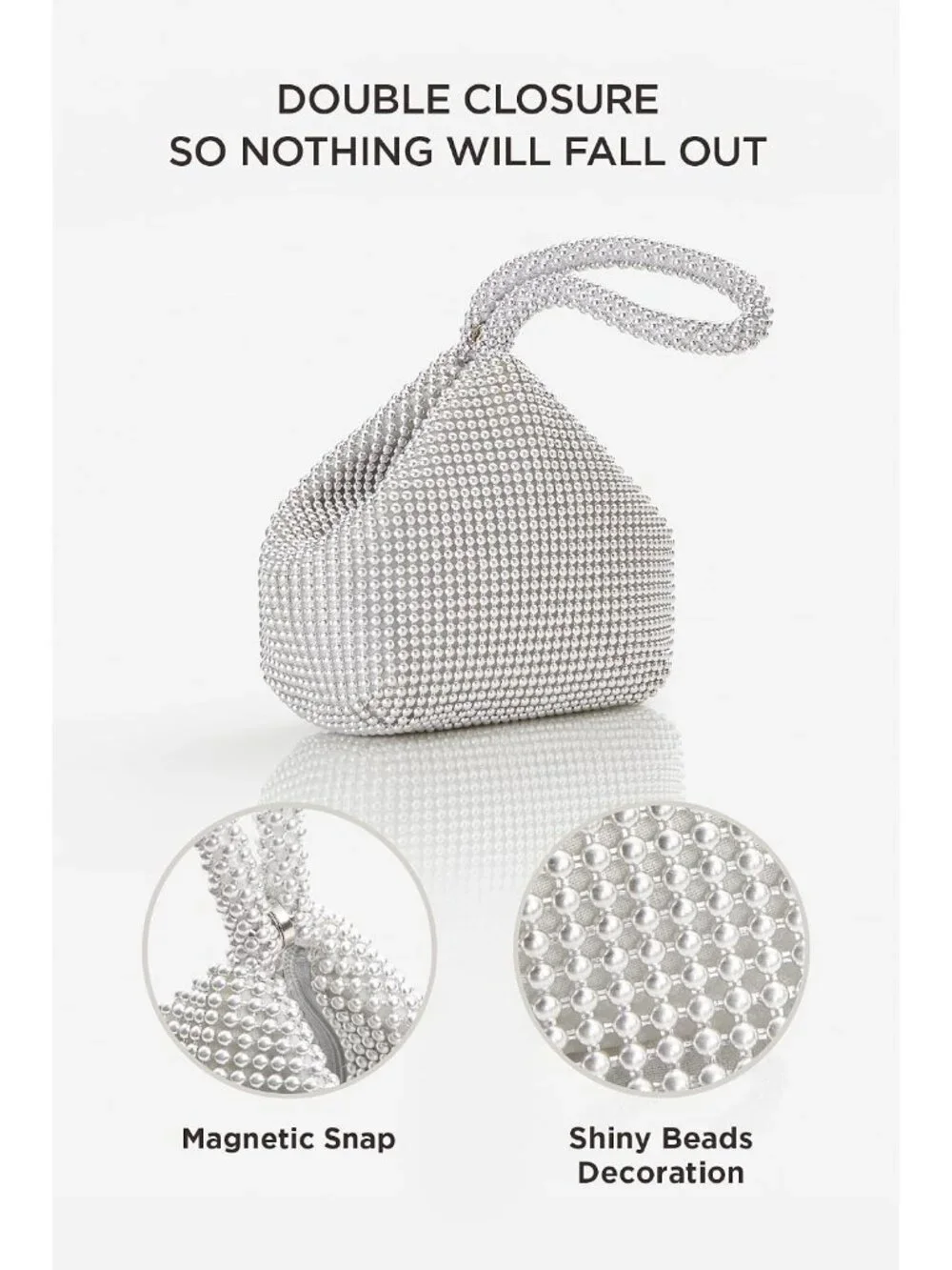 Women's White Beaded Clutch Triangle Evening Bags Classy Zipper Wristlet Purse