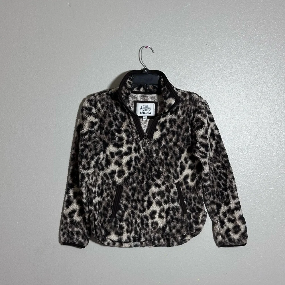 Cuddly Sherpa Girls Brown‎ Leopard Print Kids Fleece Jacket Pullover size 10/12