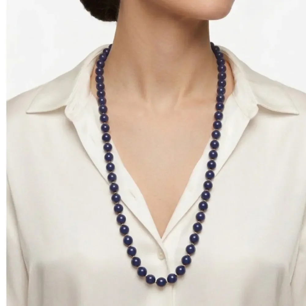 Vintage Navy Blue Beaded Necklace 28 Inch Strand Gold Tone Clasp Classic
