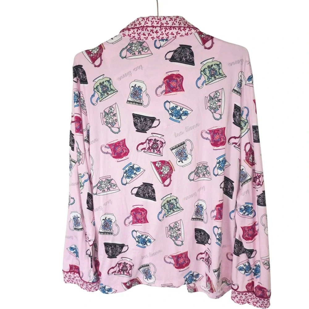 Flora Nikrooz Pink Tea Time Teacup Print Pajama Top Long‎ Sleeve Button Down M