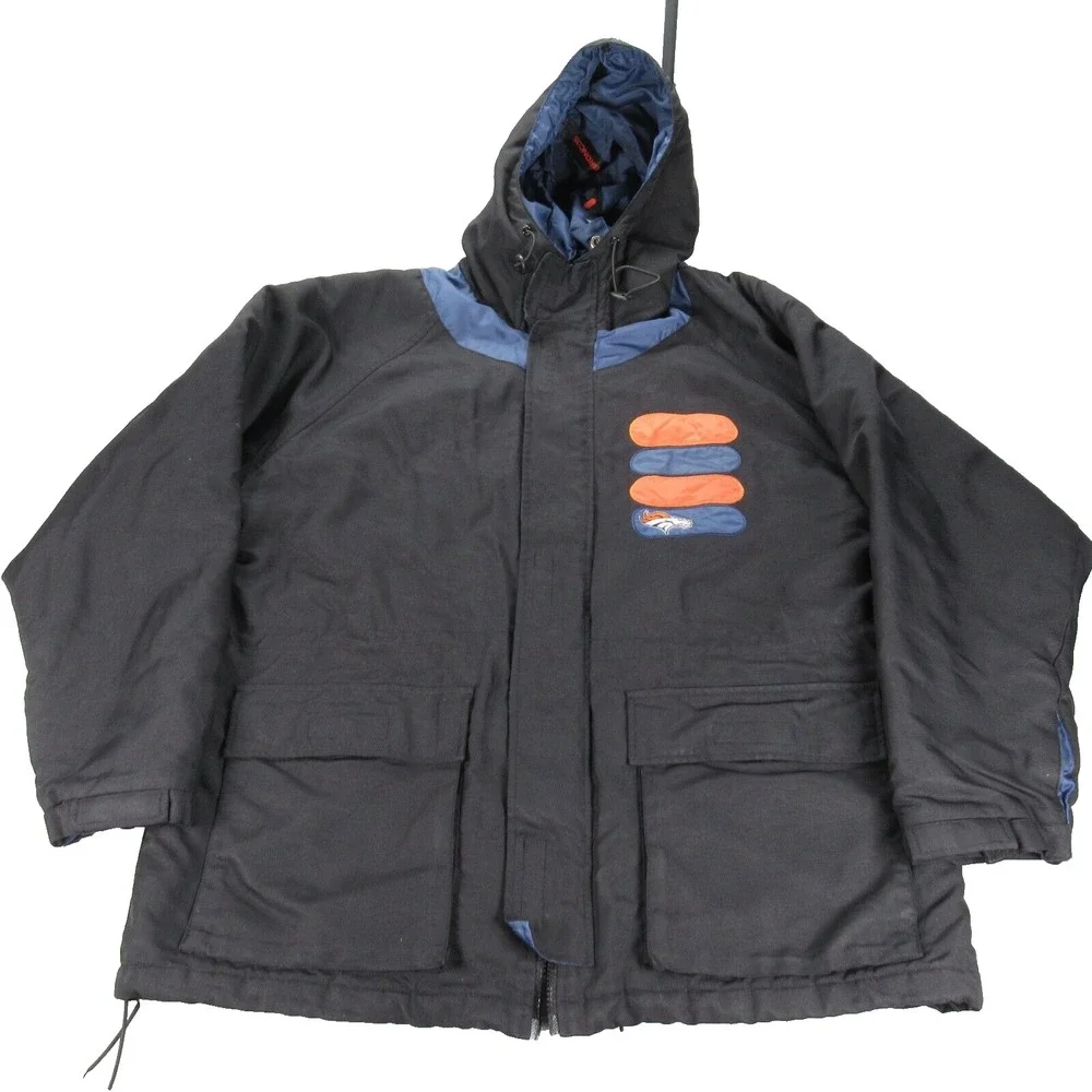 Denver Broncos Jacket Mens Medium Black G III & Carl Banks Hoodedd Zip Parka VTG