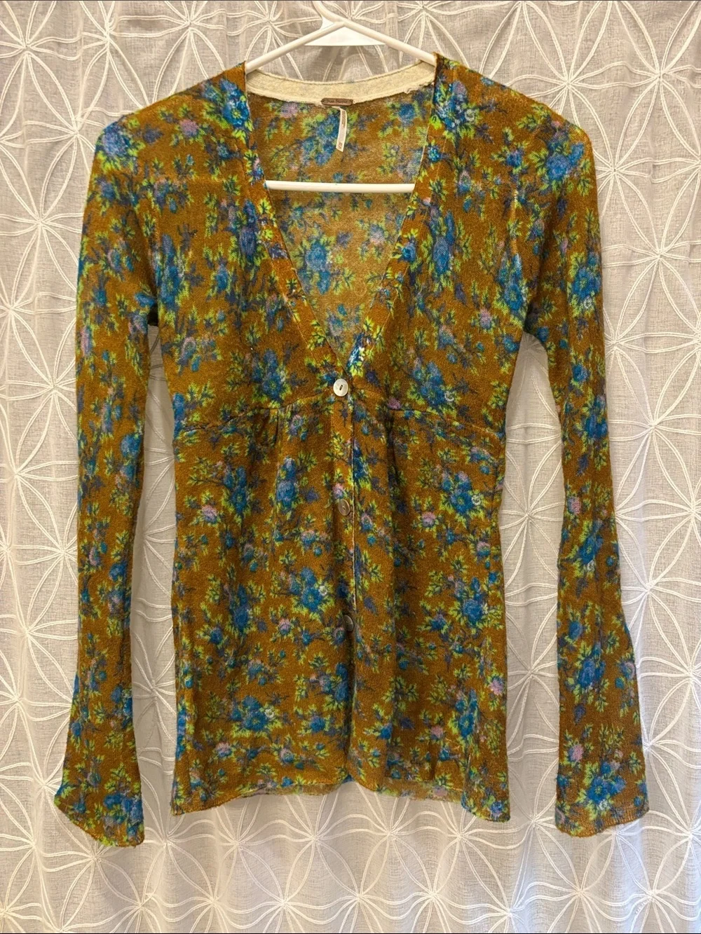 Free People Floral V-Neck Cardigan in Mustard and Blue