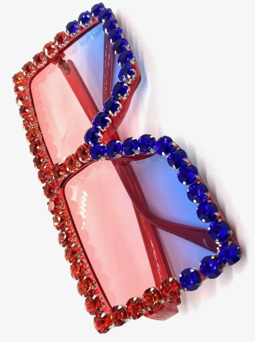 Unisex Crystal Embellished Red & Blue Oversized Square Sunglasses