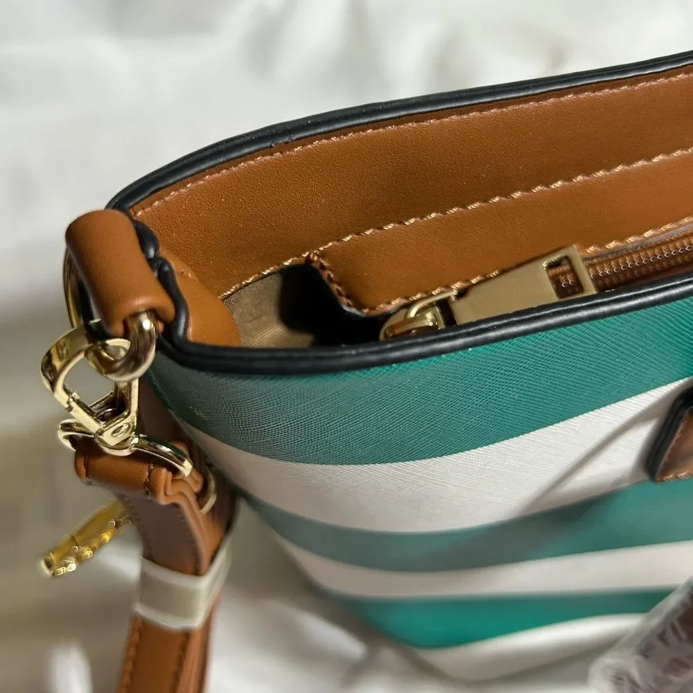 Purse NEW Teal and White Striped Handbag Tote Crossbody Strap Spring Chic Casual
