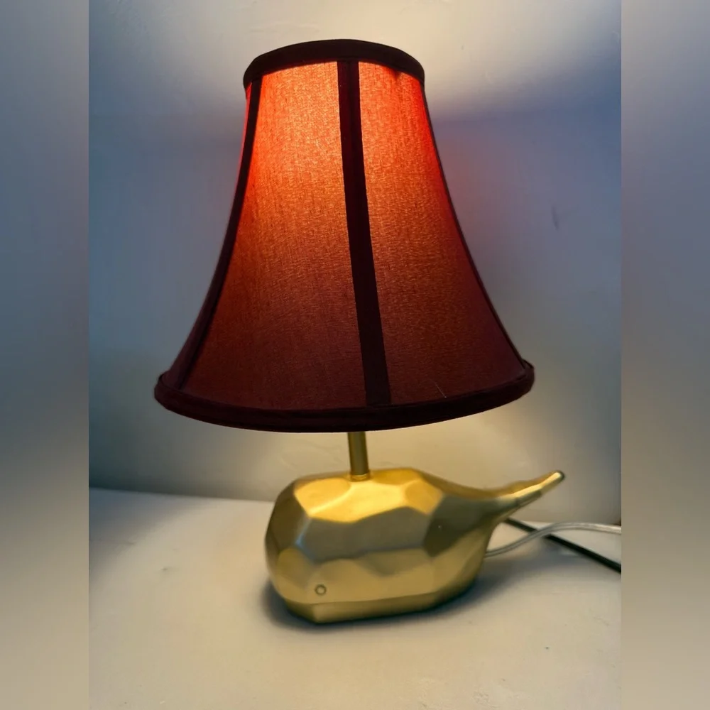 Vintage Nautical  Gold Faceted Whale Table Accent Lamp Red Shade Decor ~12”‎