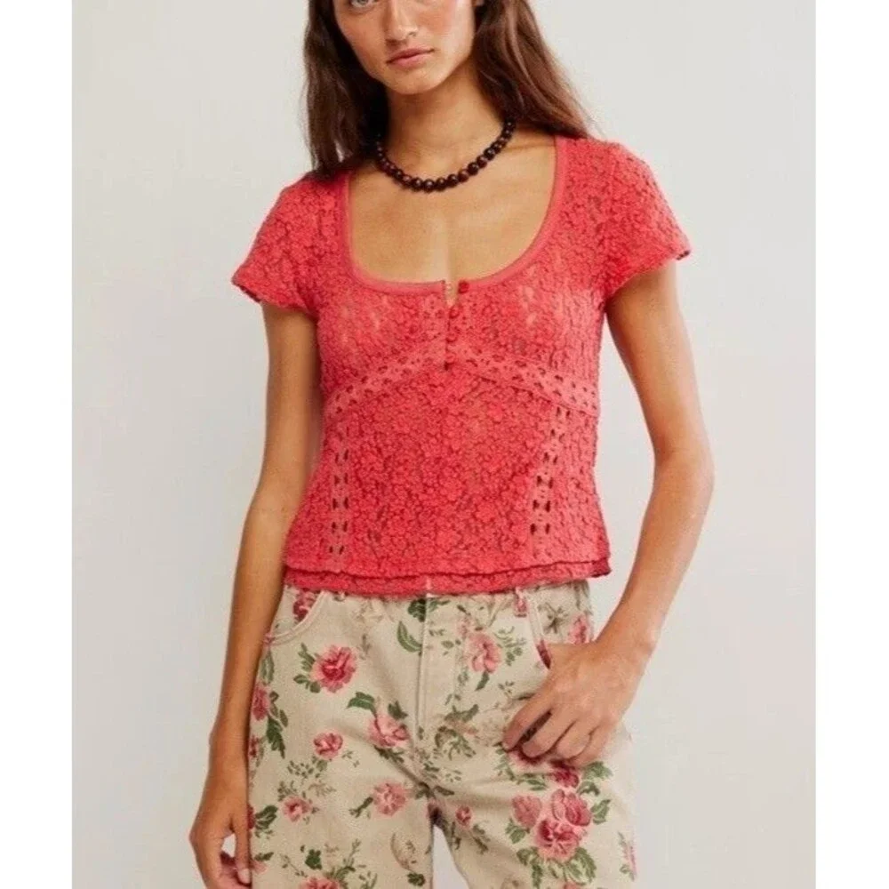 Free People Claro Lace Tee Women's Blouse Top Sheer Short Sleeve Trendy S 289938