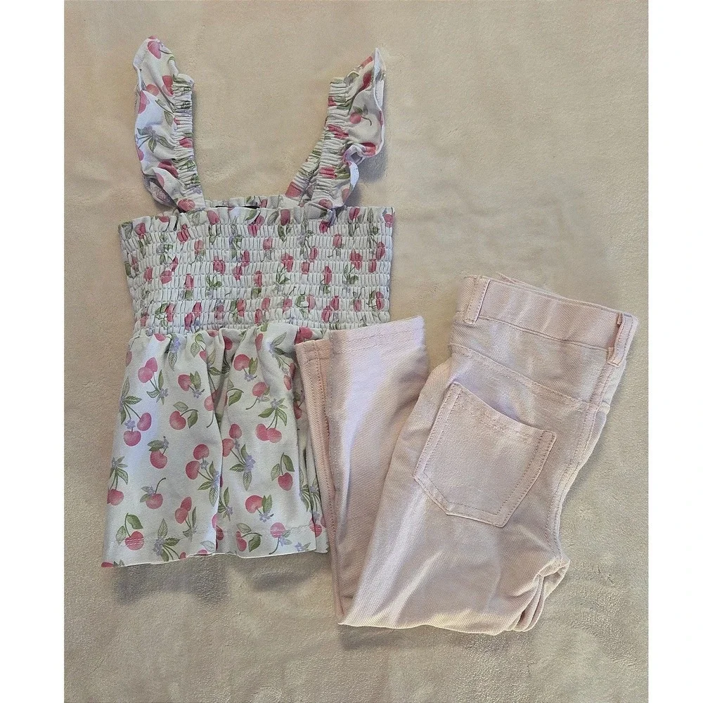 Cynthia Rowley Toddler Girls Cherry Smocked Top & Pink Pants‎ Set 24M