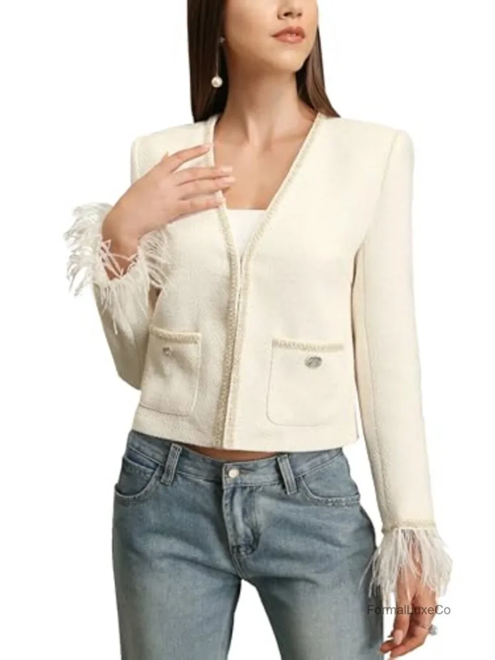 Tweed Cropped Blazer with Feather Trim Pockets