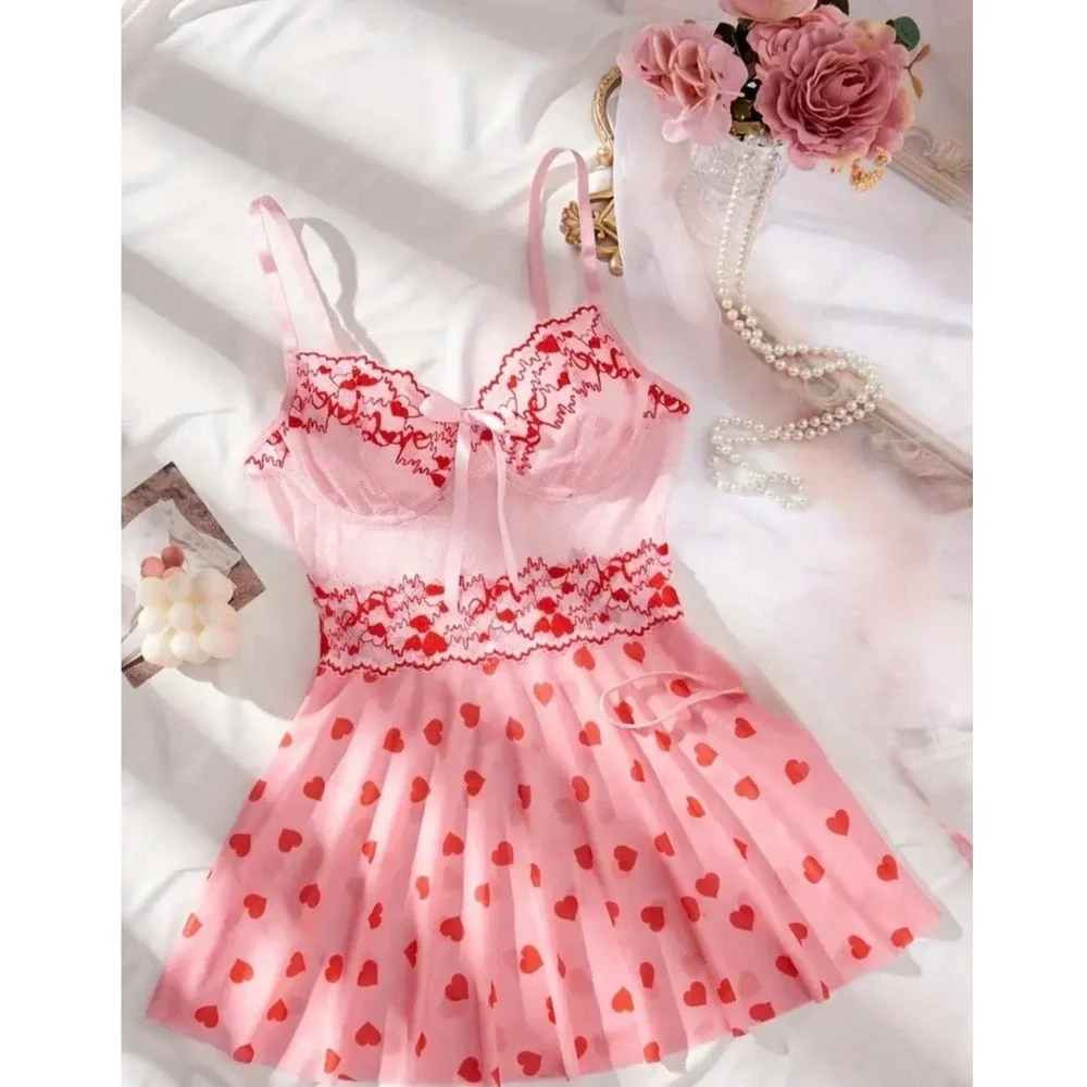 Pink Heart Print Mesh‎ Babydoll Nightgown Lace Trim Sleepwear 4XL
