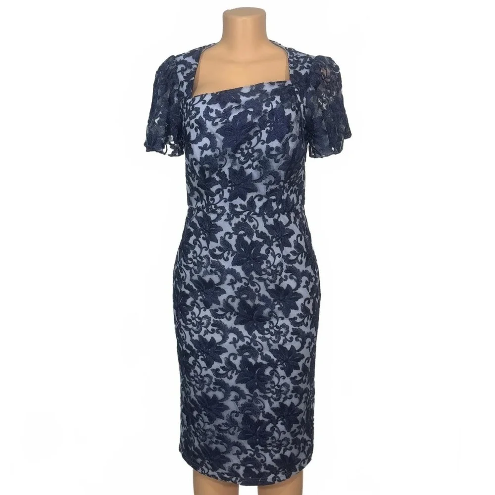 JS Collections Navy Lace Overlay Square Neck‎ Dress Short Flutter Sleeves Size 4