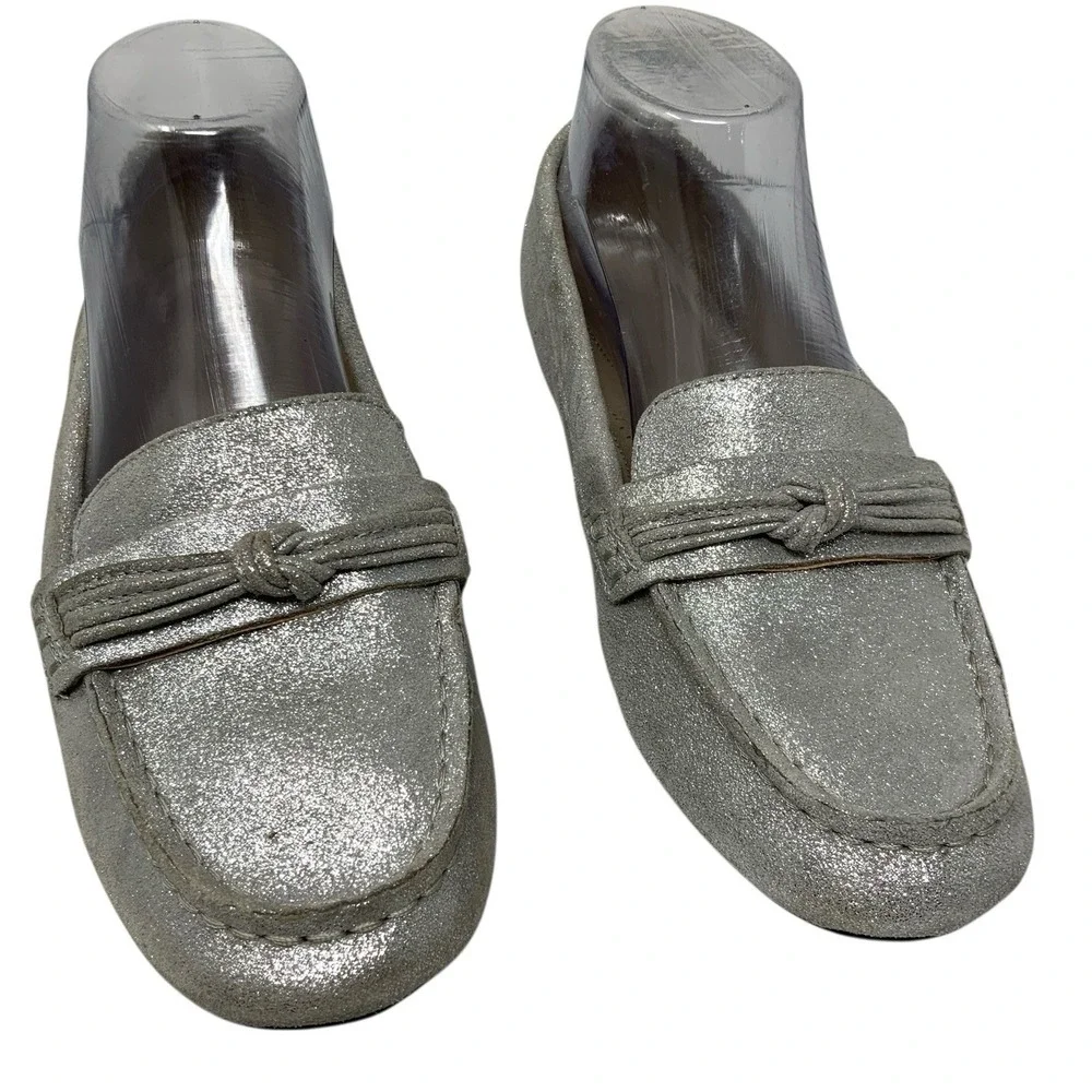 LANDS END Womens 8D (Wide)  Metallic Silver Comfort Suede Leather Slip on Loafer