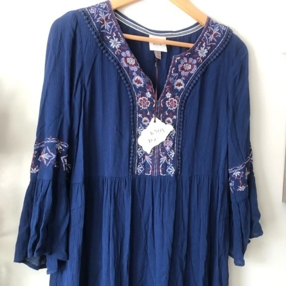 Knox Rose Starry Night Navy Blue Embroidered Boho Bell Sleeve Rayon Dress Sz S