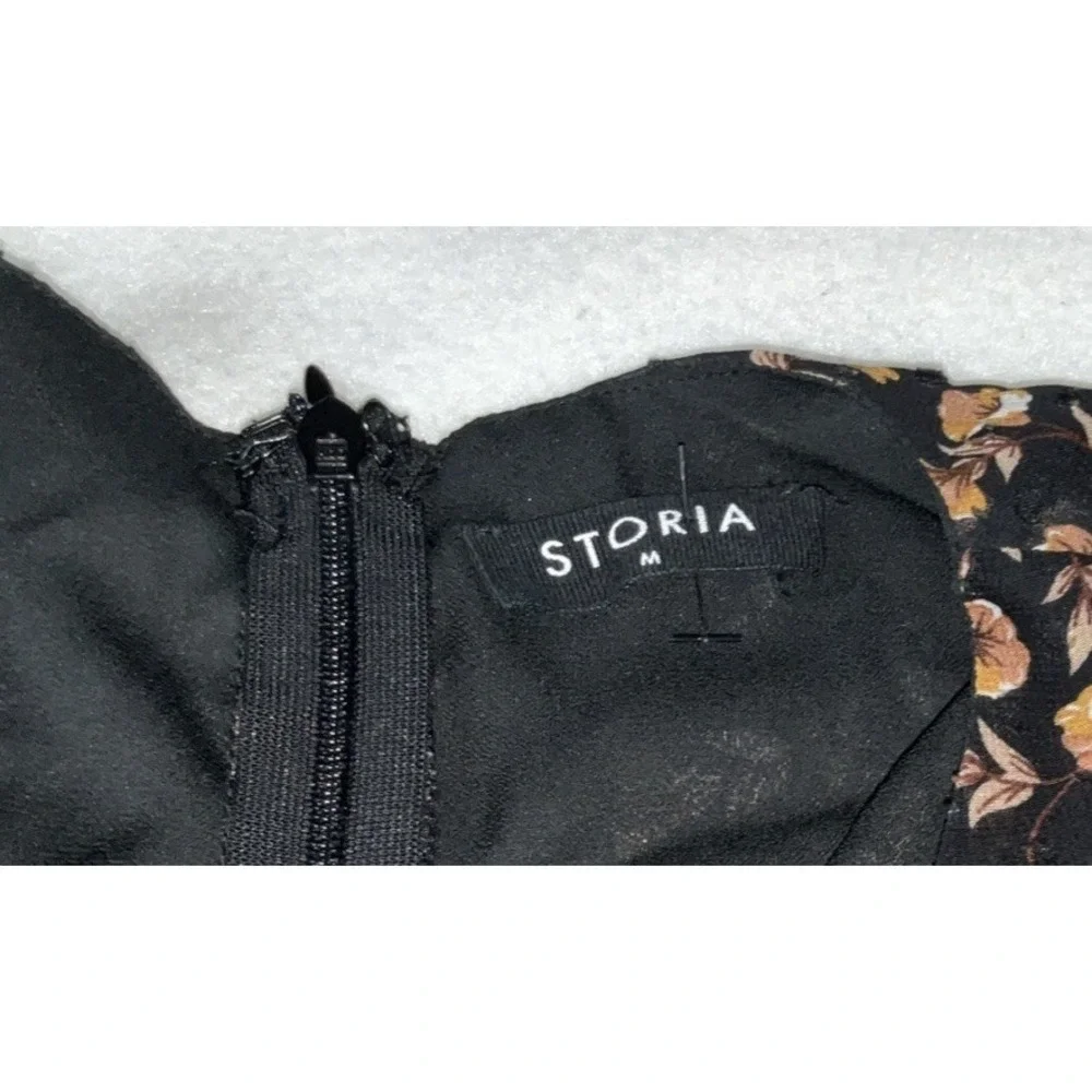 Storia  Dress Size S Mini Floral Long Sleeve ‎ Black Brown Ruched Swiss Dot Zip