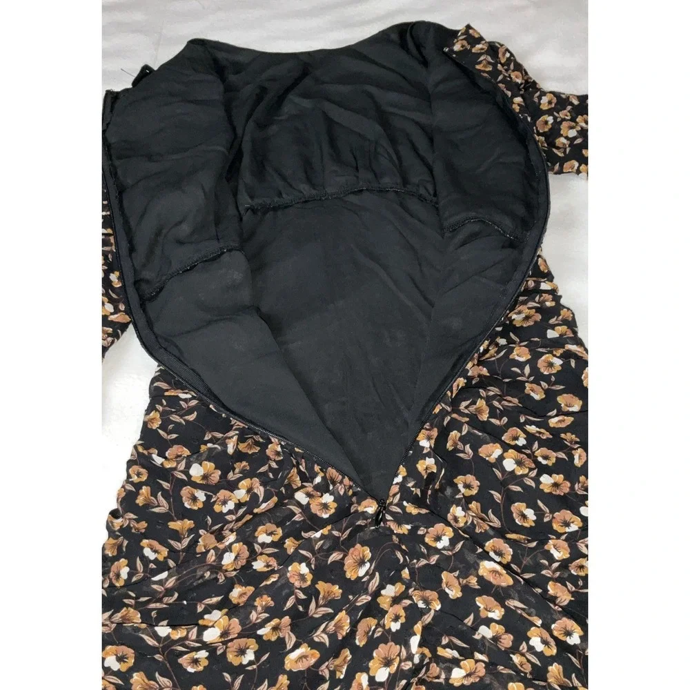 Storia  Dress Size S Mini Floral Long Sleeve ‎ Black Brown Ruched Swiss Dot Zip