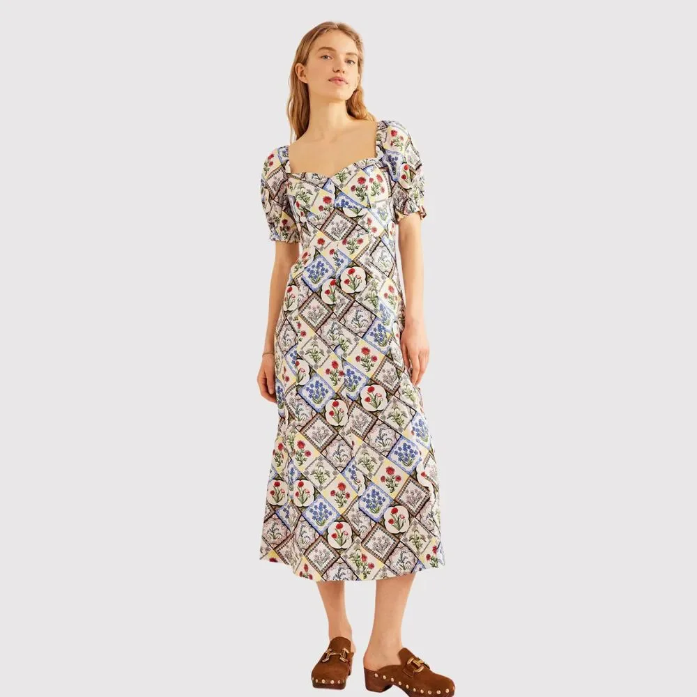 Boden Midi Dress Blue Sweetheart Linen Floral Patchwork Puff Sleeve Boho 20/22