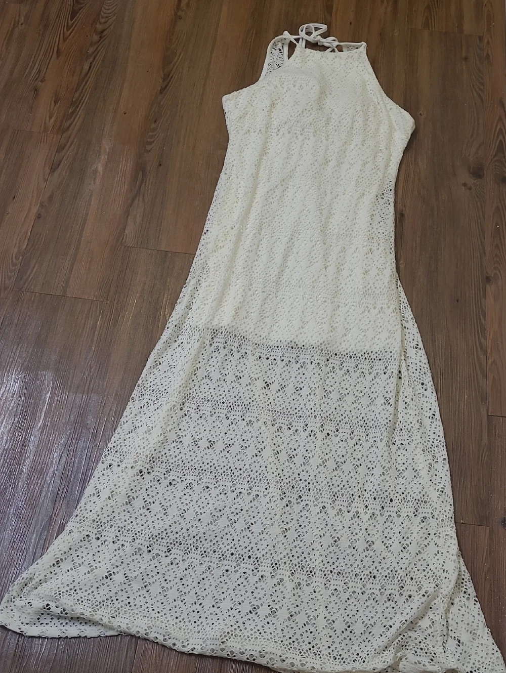 Bisou Bisou Cream Crochet Halter Maxi‎ Dress
