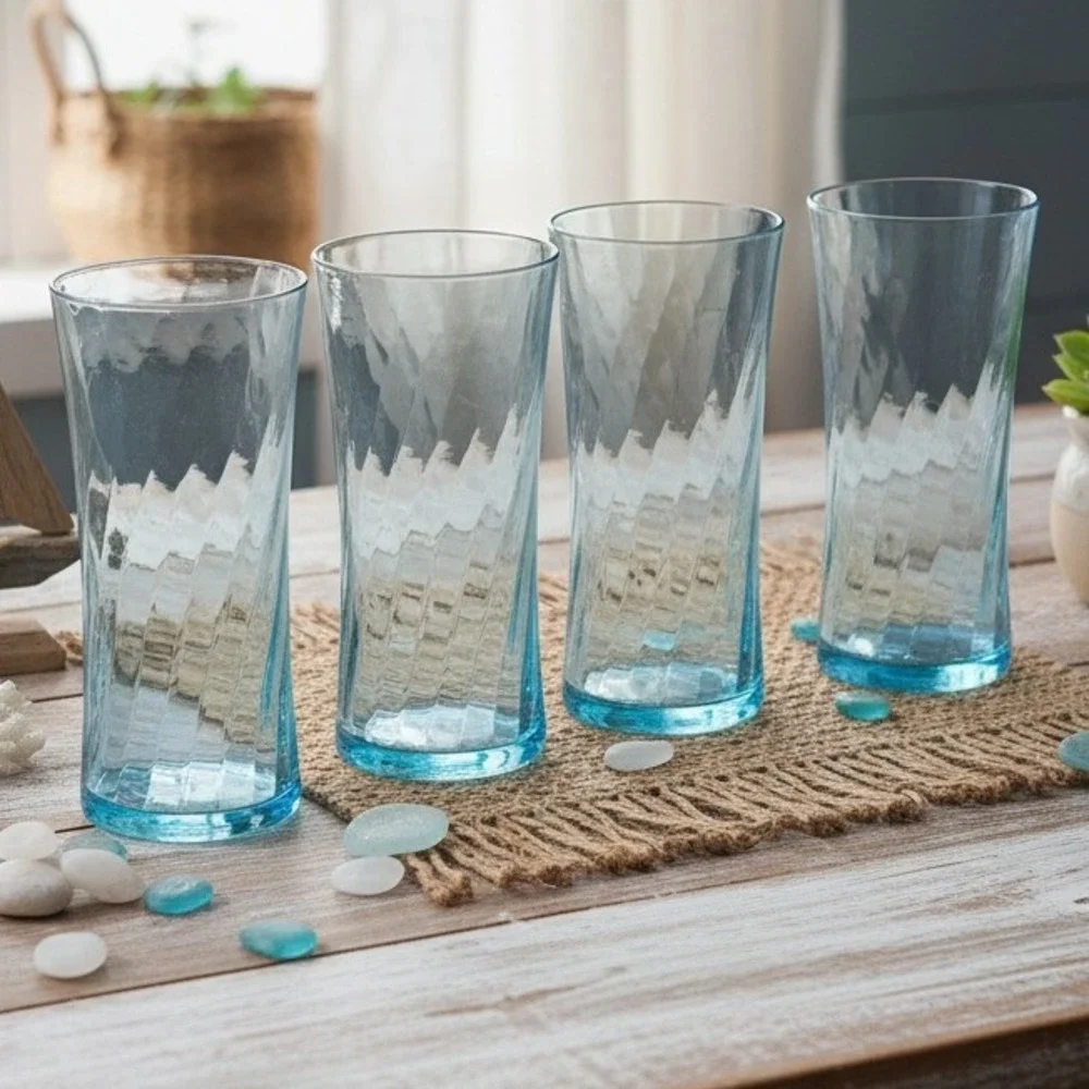 Wheaton‎ Blue Tint Highball Glasses, Set of 4, Vintage Optic Swirl Pressed Glass