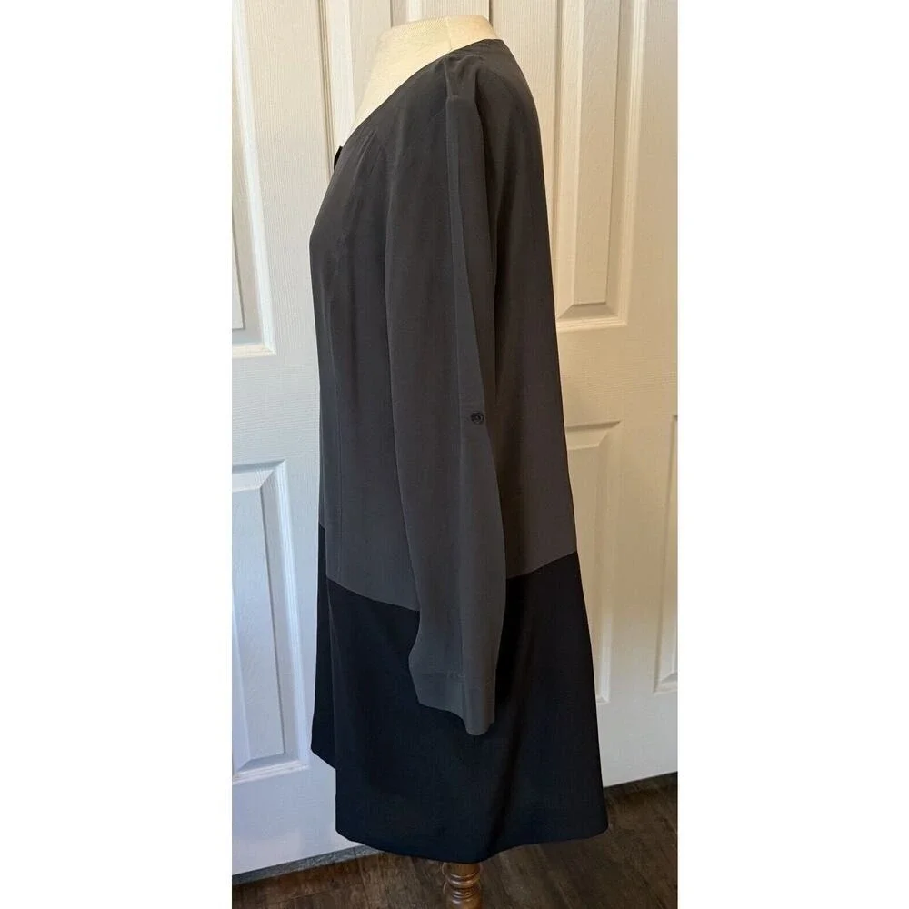Eileen Fisher Dress Women Small 100% Silk Gray/Black Roll Tab Sleeve Oversize‎