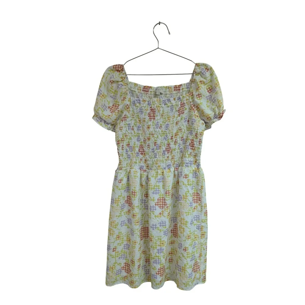 Loft Gingham Flower Puff Sleeve Dress Mini Smocked Cute Girlie‎ Pastel Medium