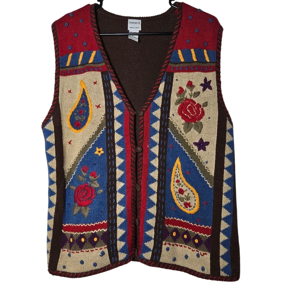 Vintage Stephanie K Womens Knit Vest Medium Patchwork‎ Grannycore Cottage Boho