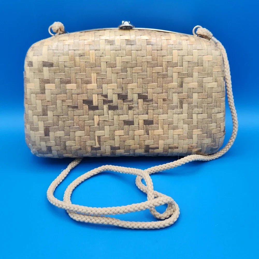 Vintage Retro‎ Woven Wicker Rattan Basket style Purse Crossbody Shoulder Bag