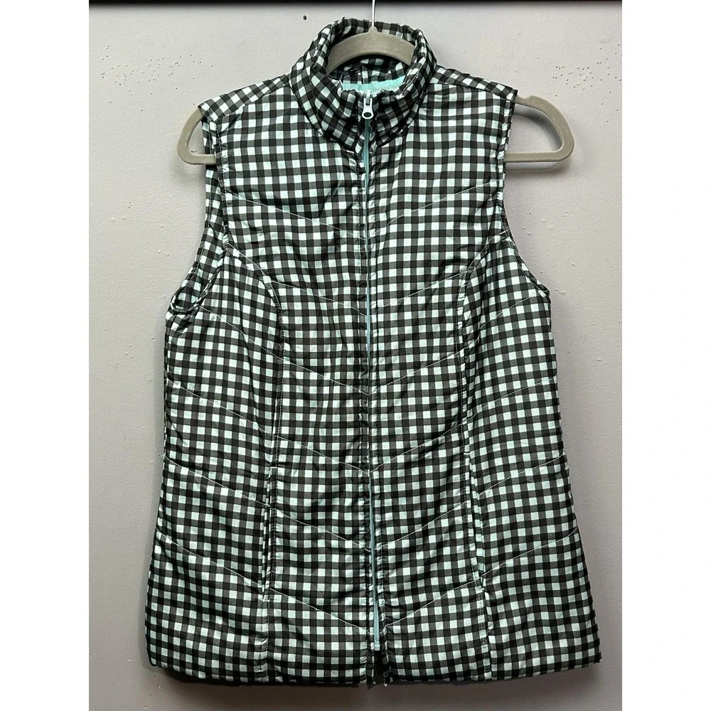 Kim Rogers Puffer Vest Womens Small Black Aqua Gingham Quilted Mock Neck Zip