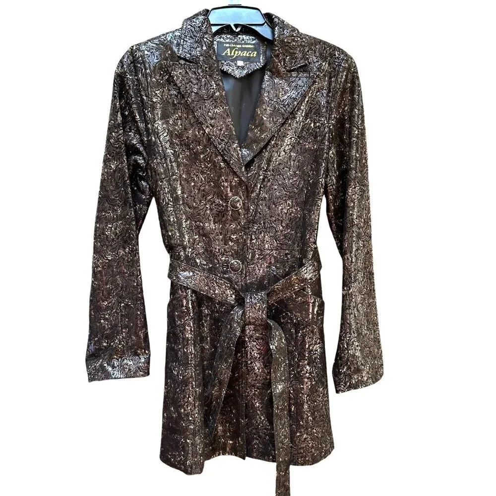 Alpaca Trench Coat Metallic Black Bronze Textured Belted Mob Wife Size‎ M