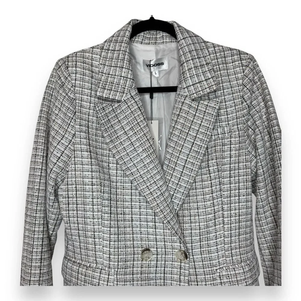 Vigoss Womens Blazer Jacket Plaid Tartan Ivory Brown Brown 1 Button‎ Front Large