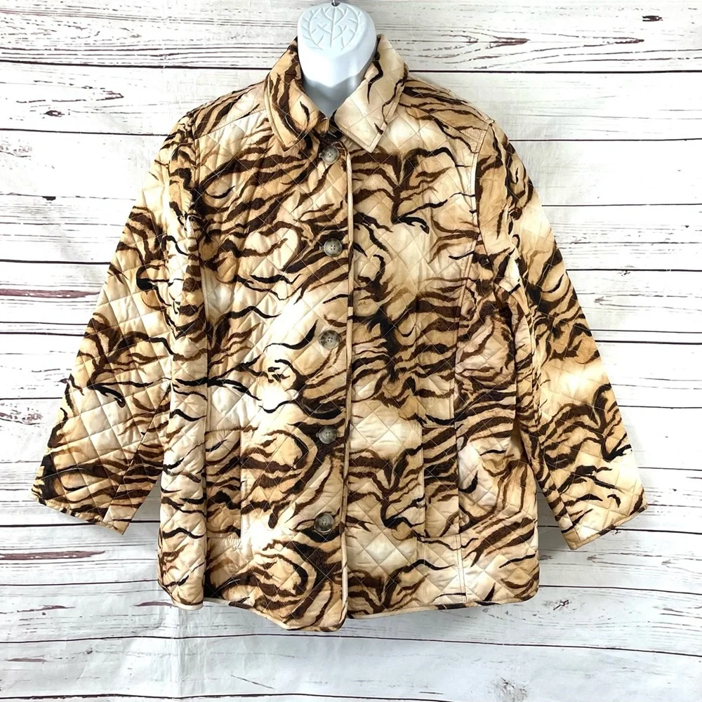 Chico's Jacket Women’s 4 US 20/22 Brown Tiger Prints Quilted Pockets Long Sleeve