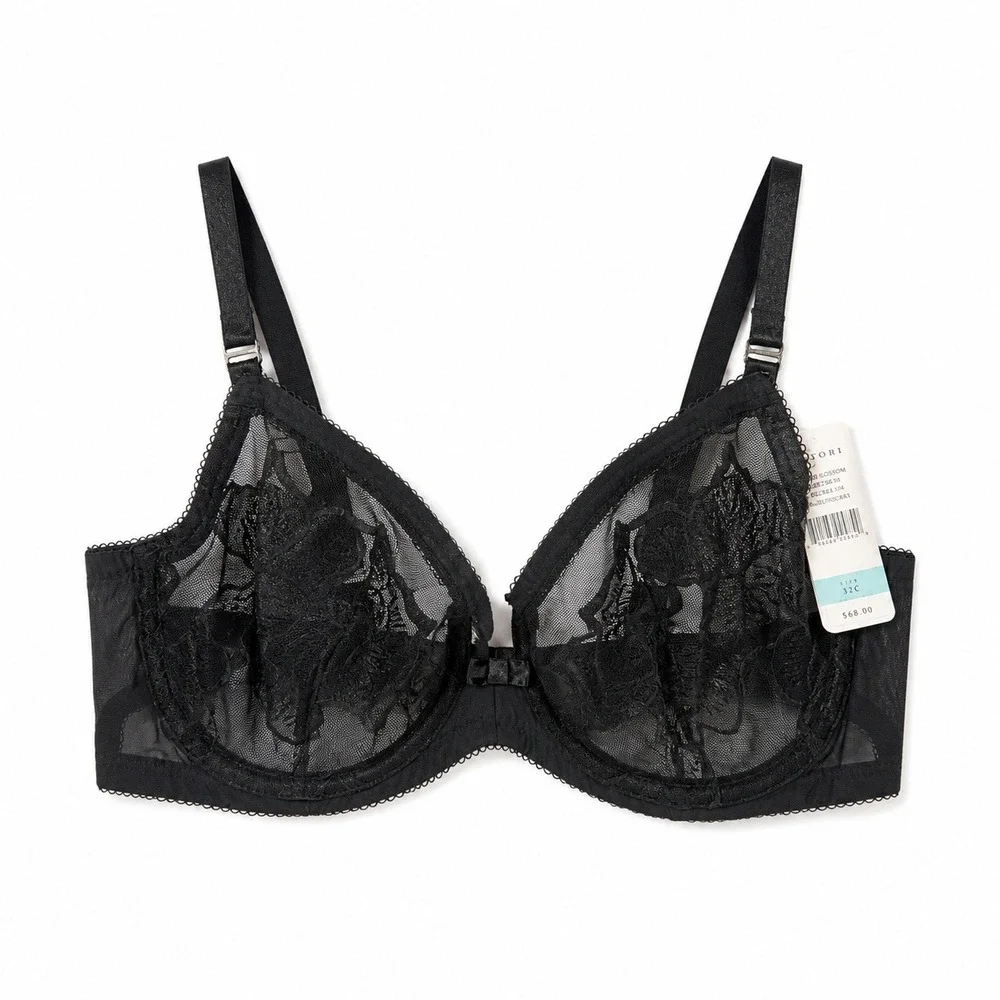 Natori Cherry Blossom Black Floral Lace Mesh Underwire Bra 728191 32C‎ NEW Sexy