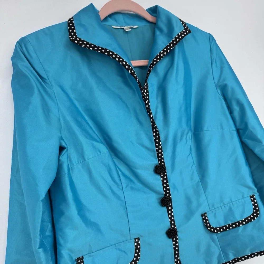 Marisa Baratelli 100% Thai Silk Blazer Blue Polka Dot Trim‎ Luxury Evening 8